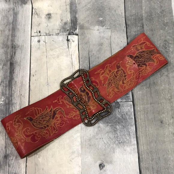 Accessories - Vintage boho hippie cowhide belt, big buckle